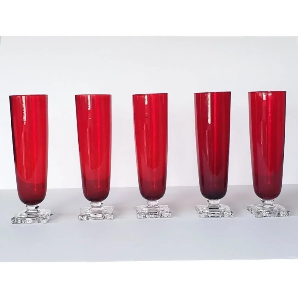 Vintage MCM Seneca Slim Jim 903 Ruby Red Footed Pilsner Beverage Glass Vase Set